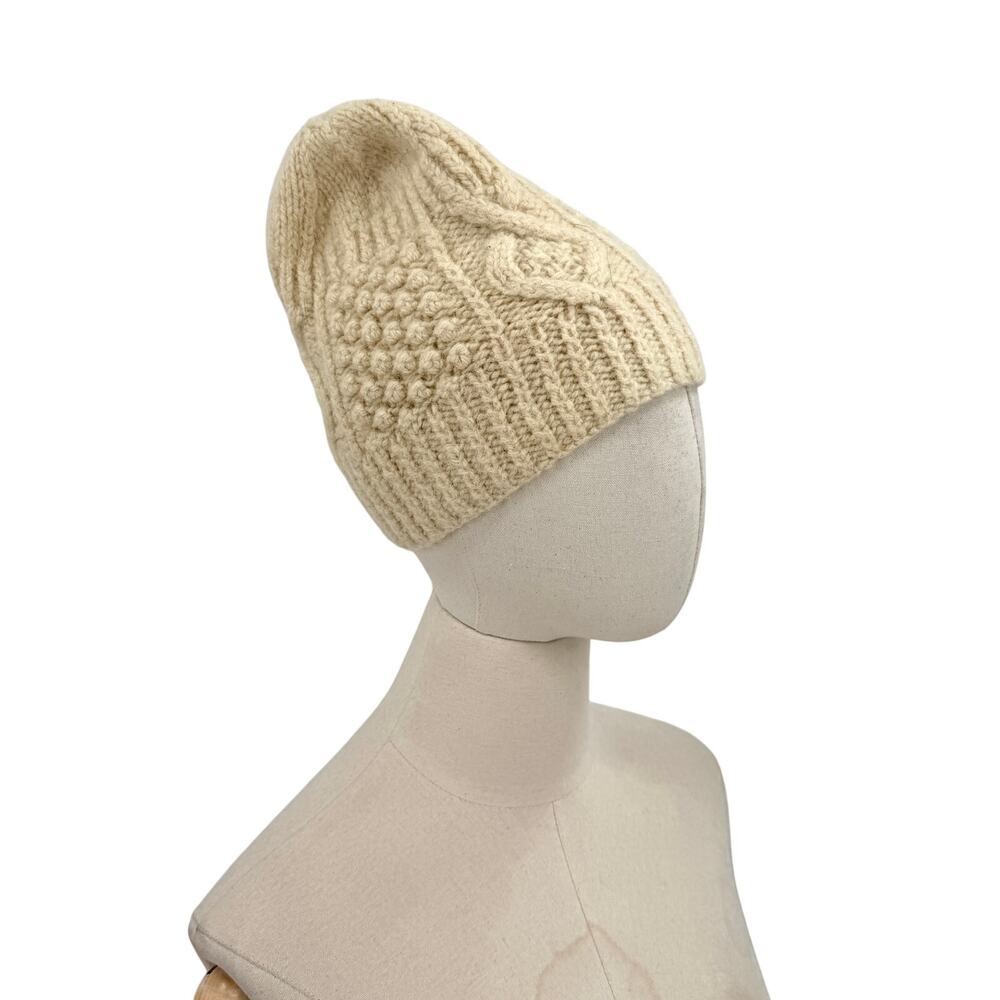 Vintage 70s Handmade Cream 100% Wool Cable Knit Beanie